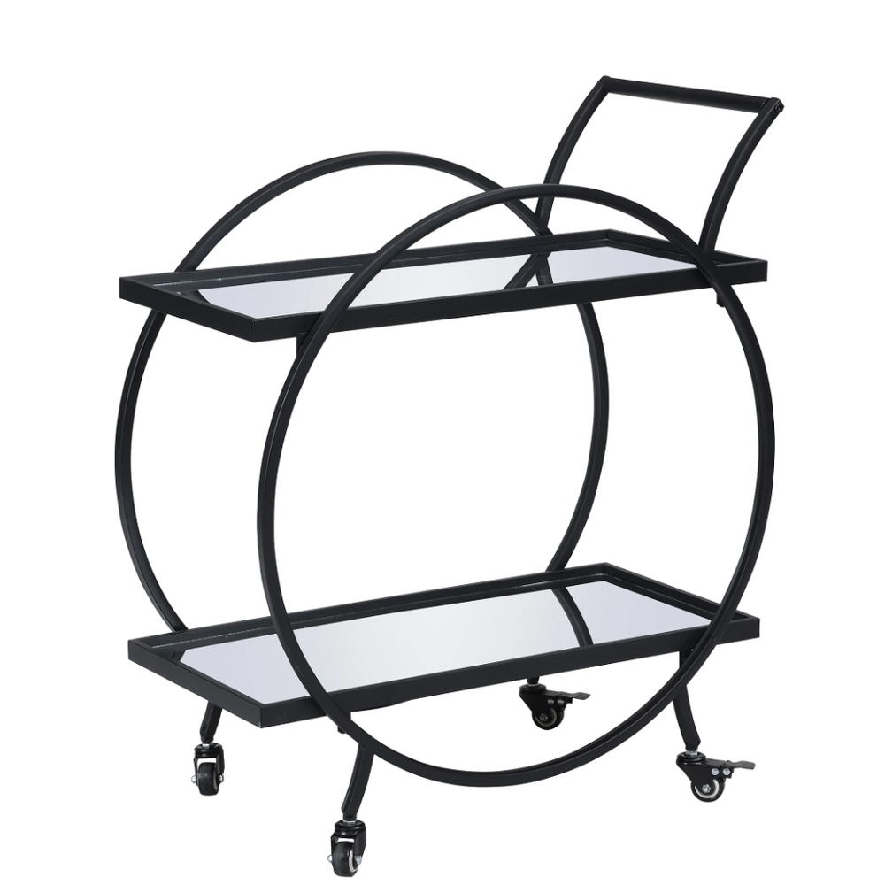 Metal Rolling Round 2 Mirrored Shelf Bar Cart w/ Top Handle